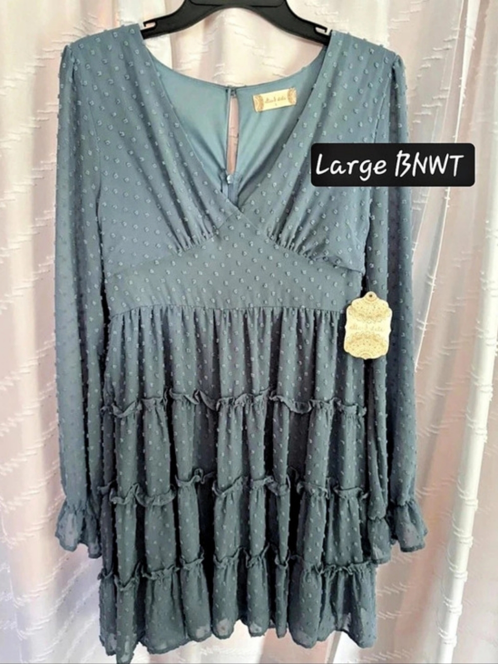 Altar'd State AS VD13156-04 Vintage Blue Mini Dotted Tiered Dress Large NWT